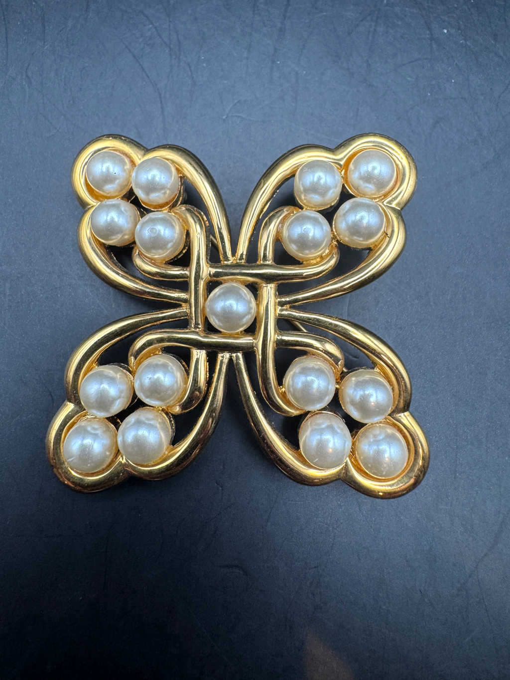 Signed Napier Gold Tone Faux Pearl Bow/Butterfly Brooch, 2"