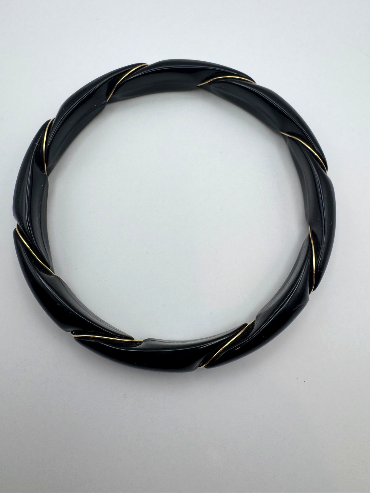 Vintage Unmarked Black Twisted Bangle Bracelet with Gold Tone Accents, 3"