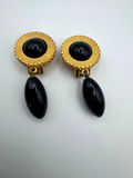 Vintage Unsigned Gold Tone Rope Textured Black Cabochon Drop Clip Earrings