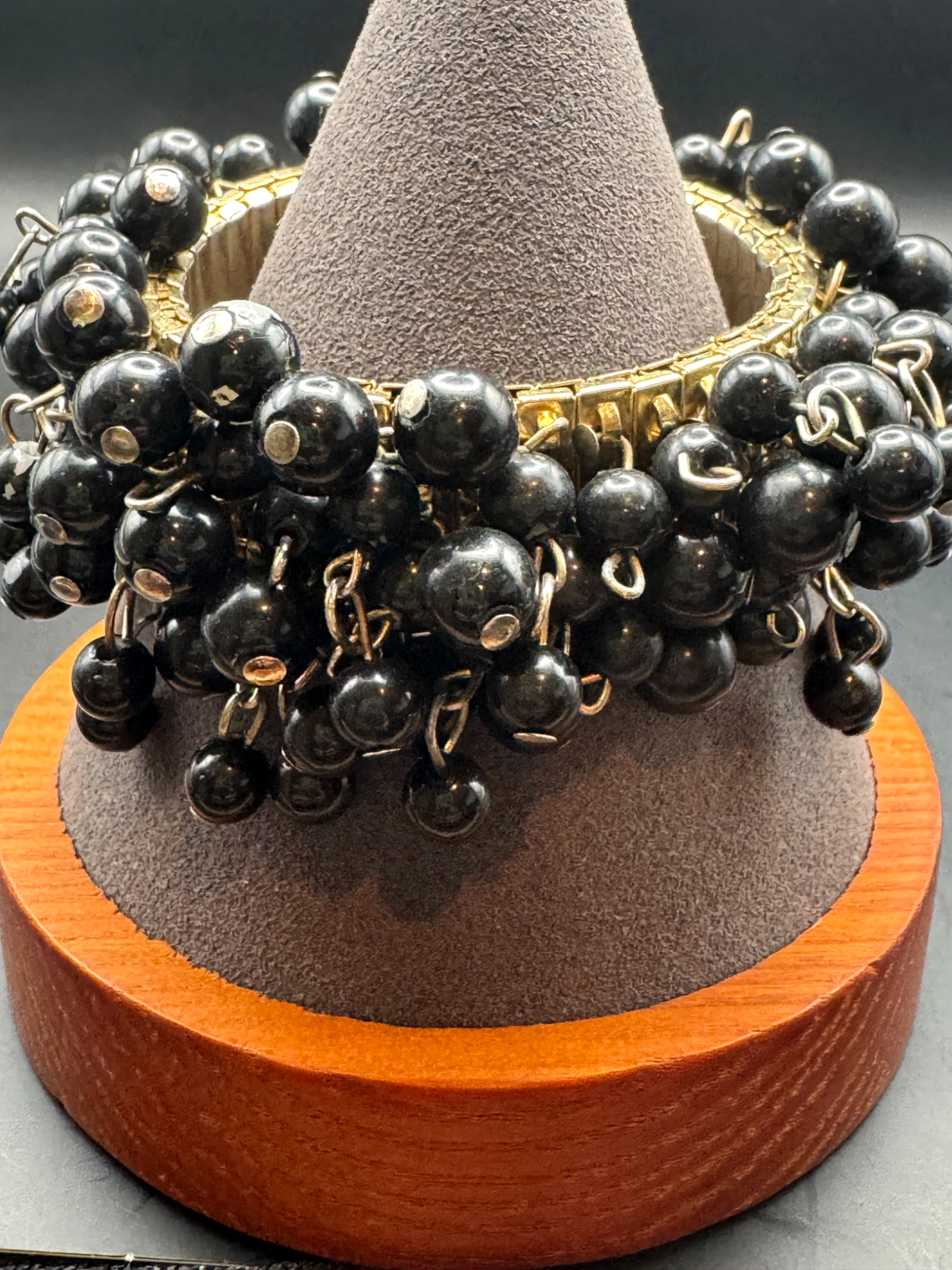 Vintage Unsigned Black Bead Cha-Cha Cluster Stretch Bracelet, Gold Tone