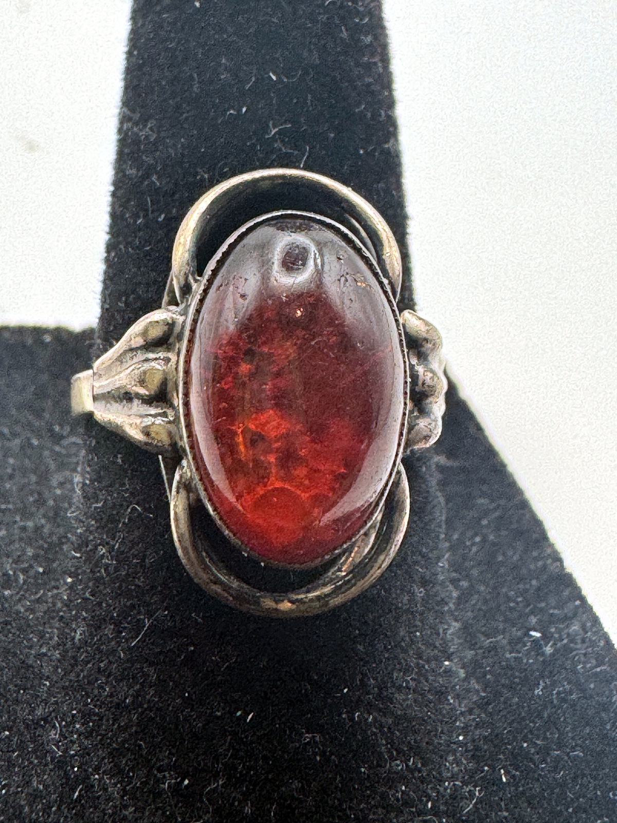 Vintage Silver Tone Ring Amber Color Oval Cabochon Open Scroll Setting Size 7.5