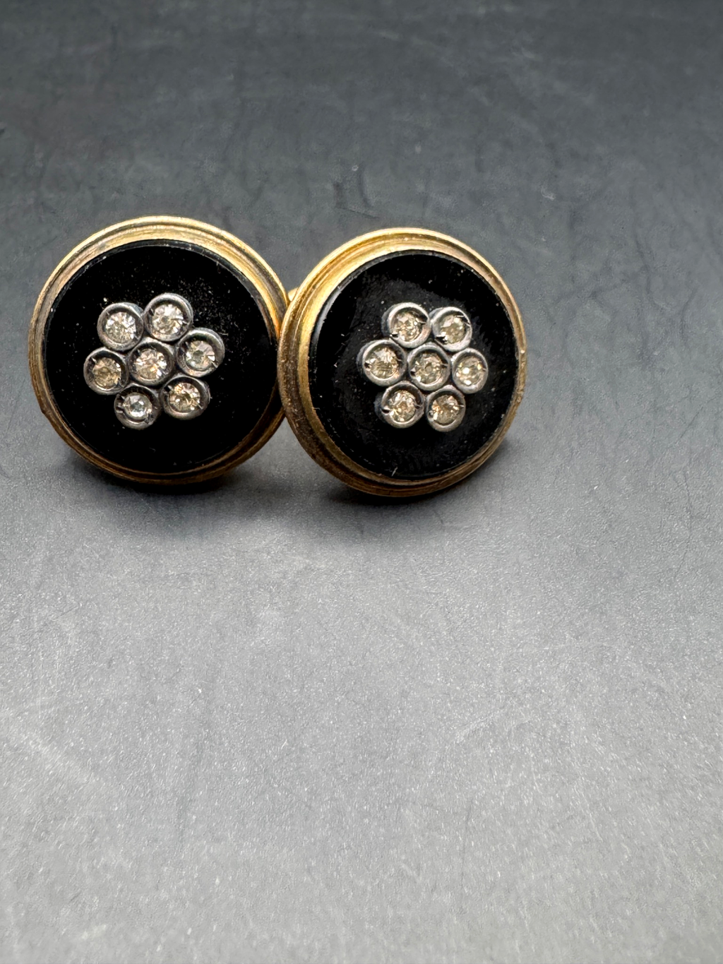 Vintage 12KT Gold Filled Black Enamel Rhinestone Cluster Button Earrings, Screw Back