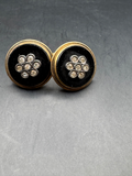 Vintage 12KT Gold Filled Black Enamel Rhinestone Cluster Button Earrings, Screw Back