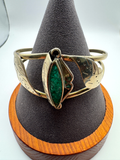 Vintage Mexico Brass Tone Cuff Bracelet Crushed Green Stone Inlay Leaf Design Hecho en Mexico