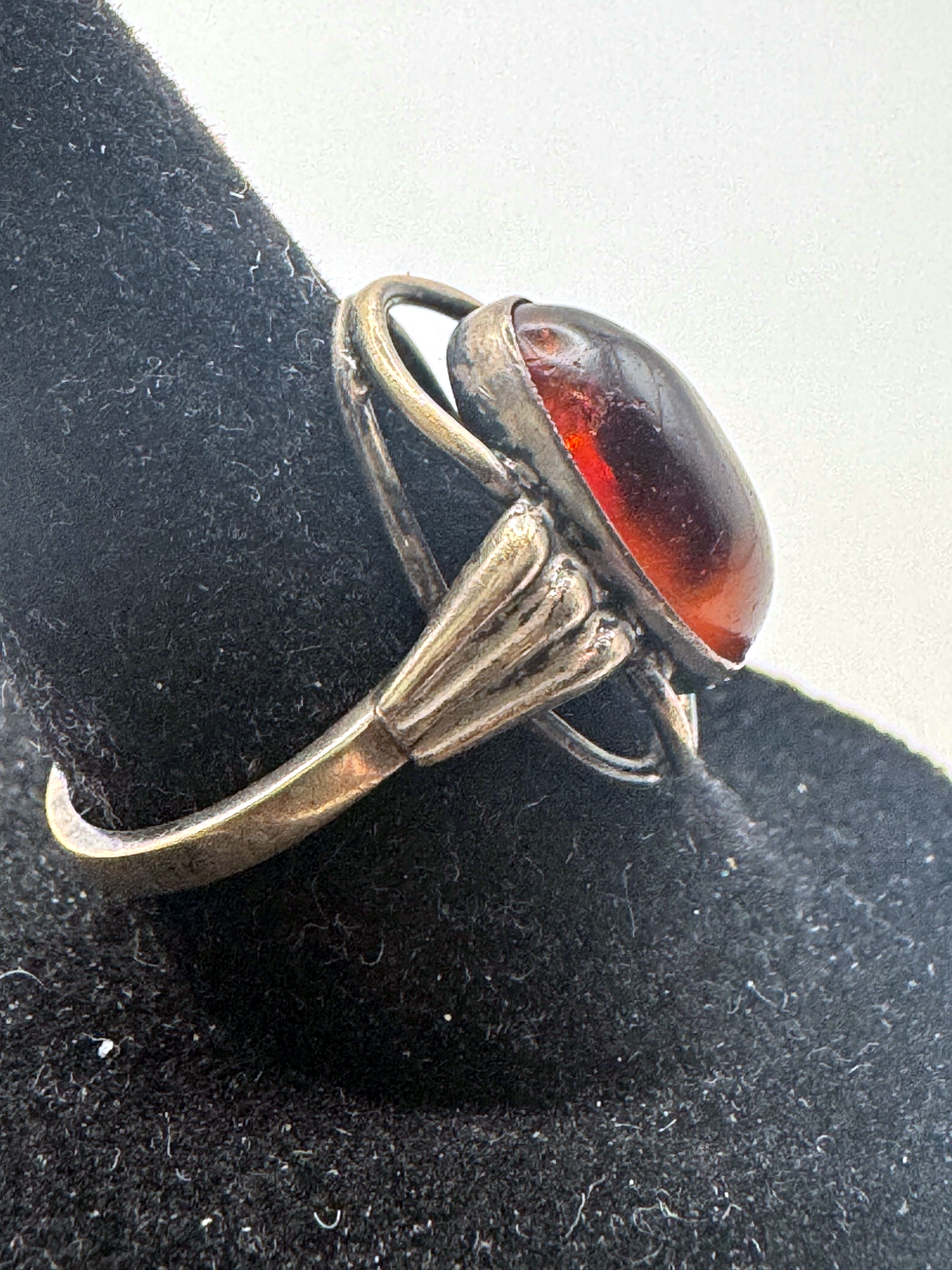 Vintage Silver Tone Ring Amber Color Oval Cabochon Open Scroll Setting Size 7.5