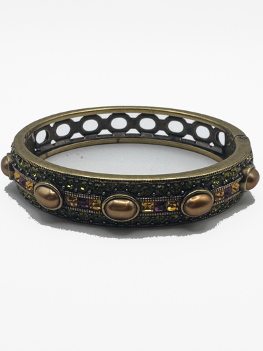 Heidi Daus Hinged Bangle Bracelet Olive Green Topaz Purple Crystal Bronze Faux Pearl Antique Gold Tone Signed
