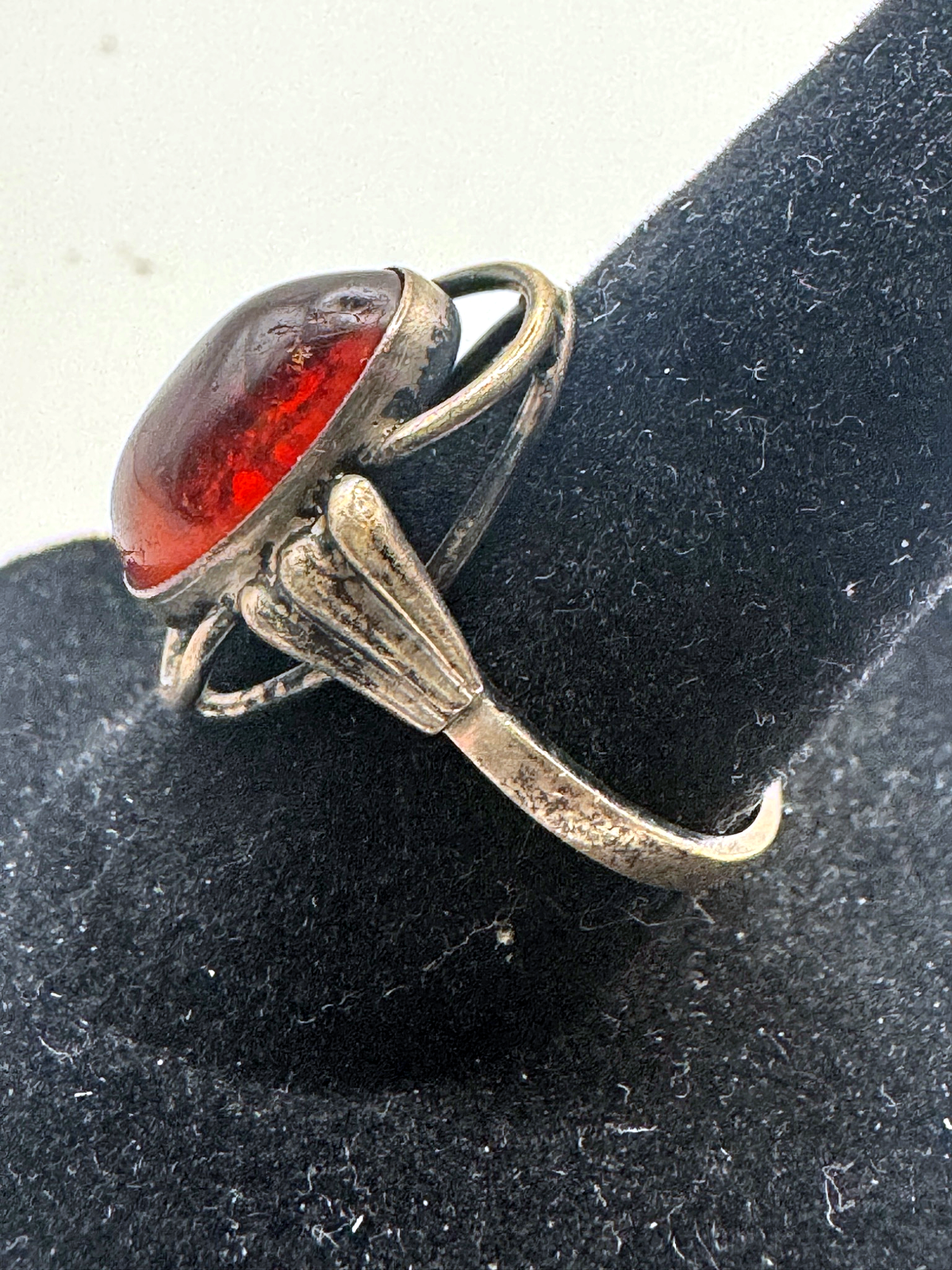 Vintage Silver Tone Ring Amber Color Oval Cabochon Open Scroll Setting Size 7.5