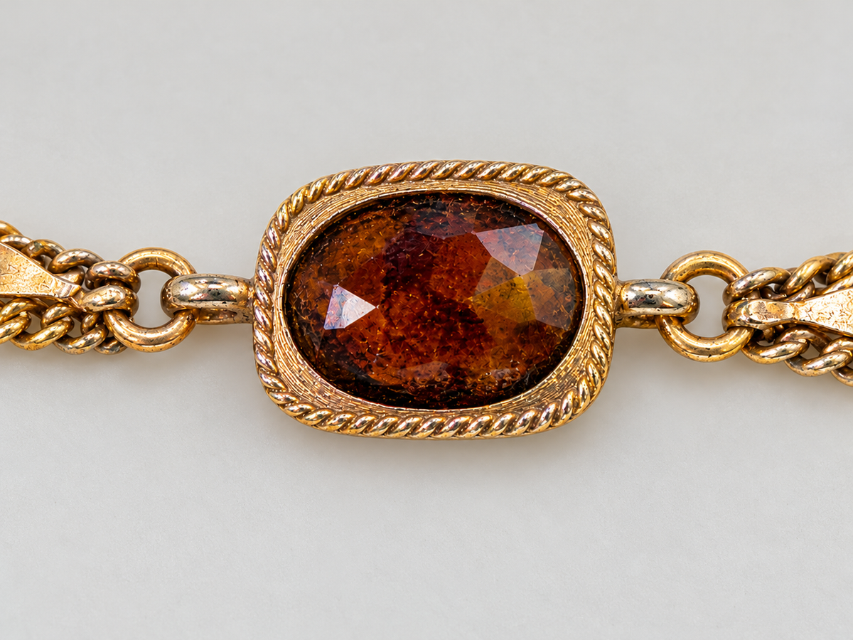 Vintage Sarah Coventry Long Multi Strand Station Necklace Amber Glass Stones Gold Tone 50"