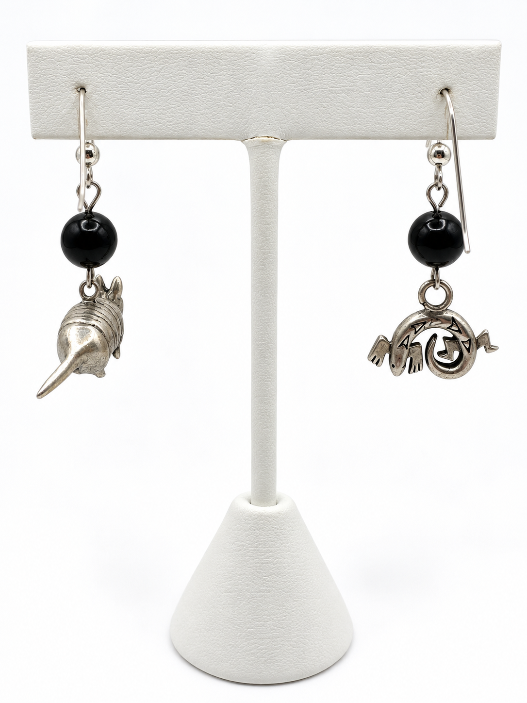 Silver Tone Lizard Gecko & Armadillo Mismatched Dangle Earrings Black Bead Southwestern