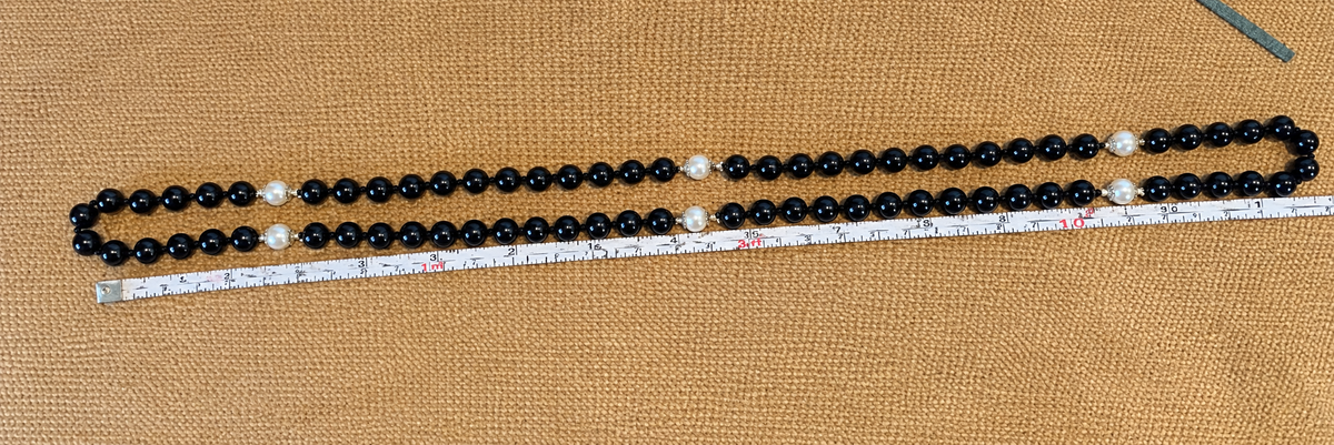Vintage Long Black Bead Necklace with Faux Pearl Stations, Gold Tone Accents, 31"
