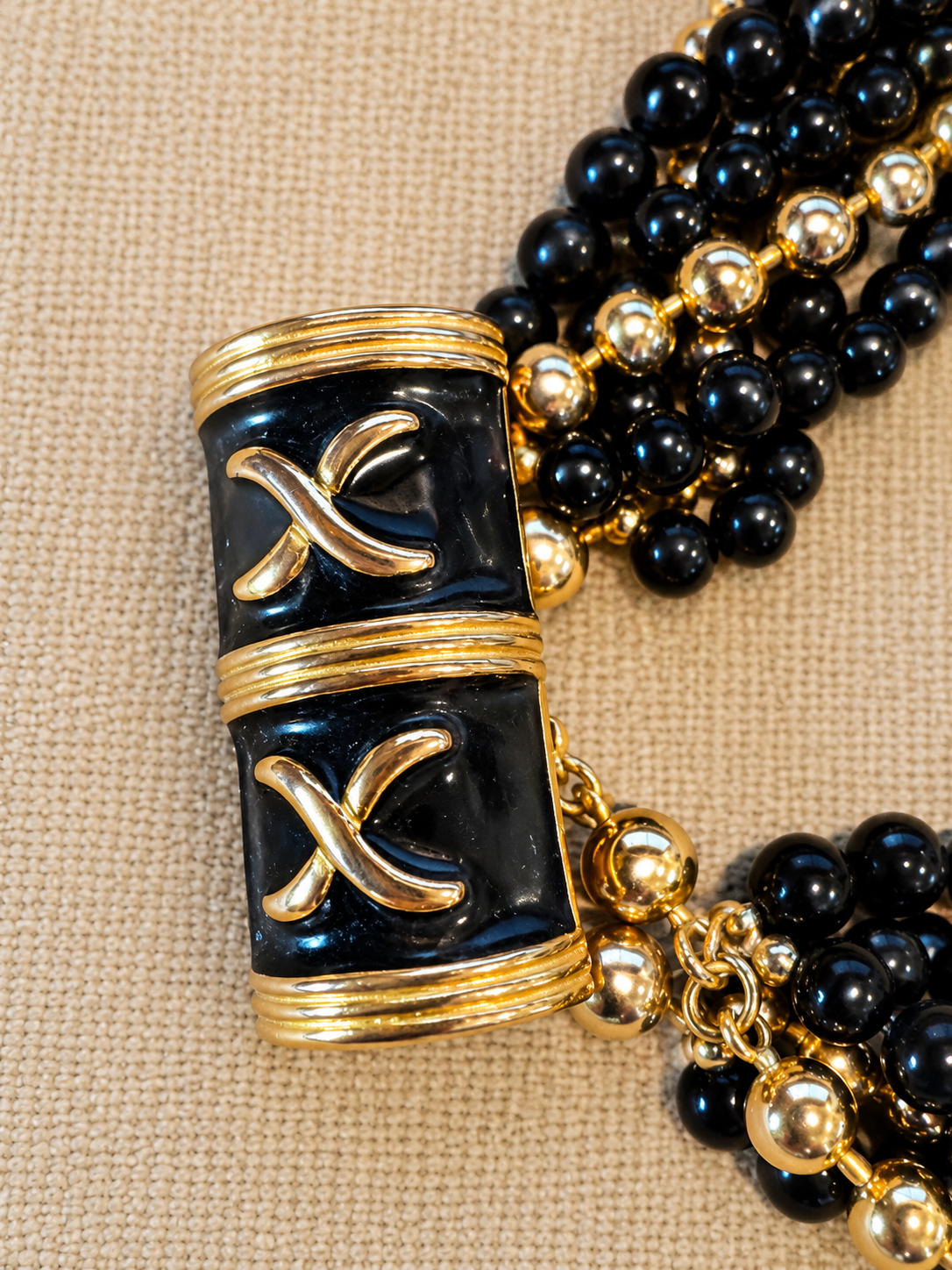 Vintage Multi-Strand Black Bead Necklace, Gold & Silver Tone Accents, Enamel Clasp, 28"