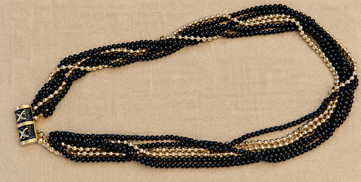 Vintage Multi-Strand Black Bead Necklace, Gold & Silver Tone Accents, Enamel Clasp, 28"