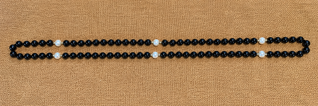 Vintage Long Black Bead Necklace with Faux Pearl Stations, Gold Tone Accents, 31"