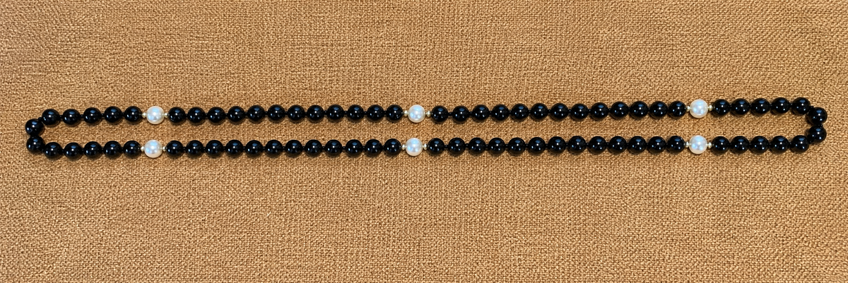 Vintage Long Black Bead Necklace with Faux Pearl Stations, Gold Tone Accents, 31"