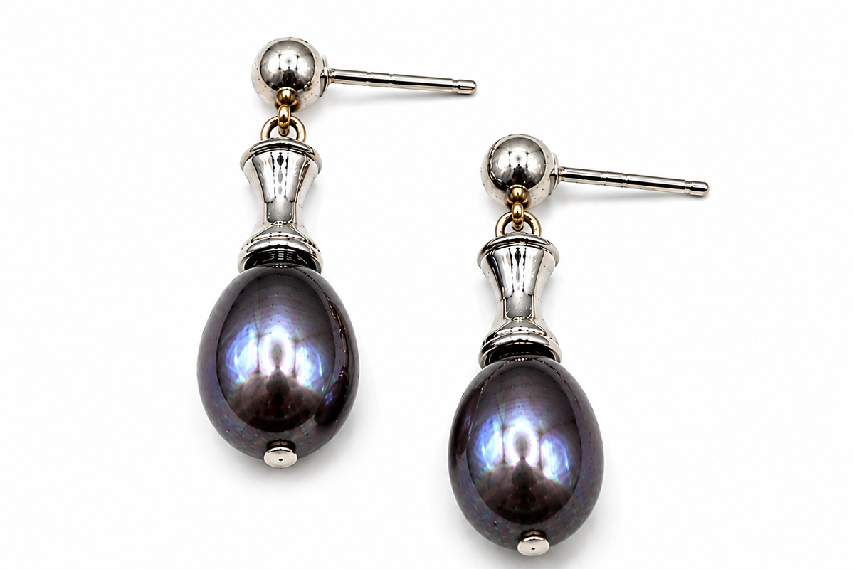 Freshwater Pearl Drop Earrings Silver Tone Purple Iridescent Teardrop Vintage