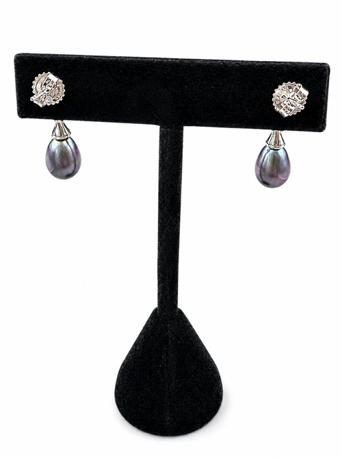 Freshwater Pearl Drop Earrings Silver Tone Purple Iridescent Teardrop Vintage