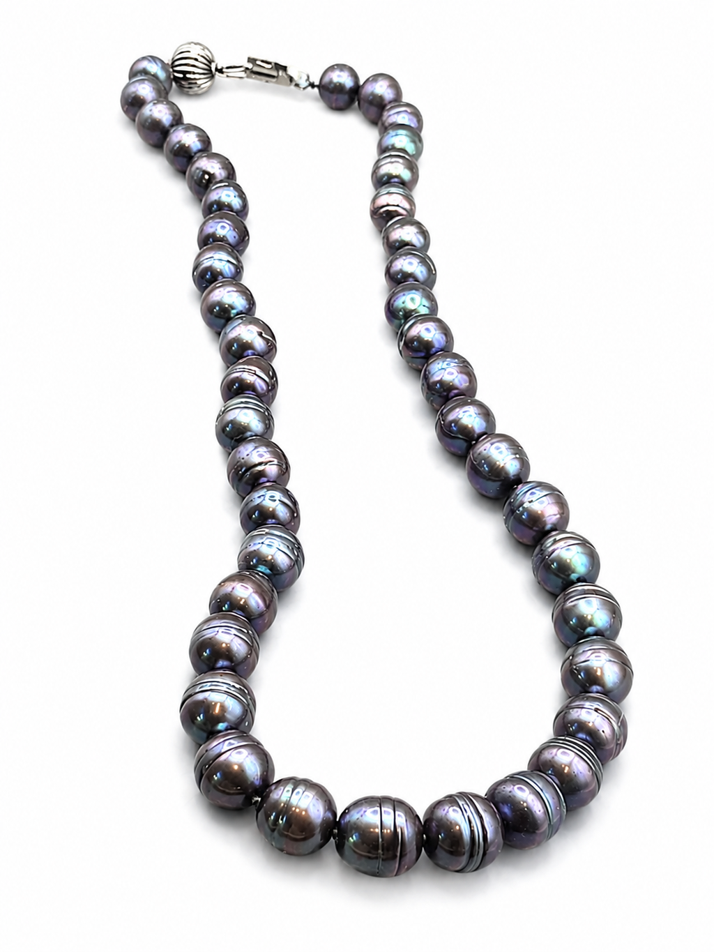 Vintage Dark Peacock Pearl Necklace 20" Purple Black Round Beads Silver Tone Clasp