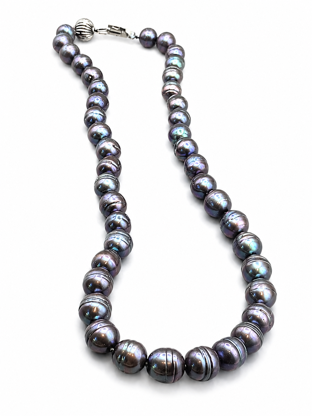 Vintage Dark Peacock Pearl Necklace 20" Purple Black Round Beads Silver Tone Clasp
