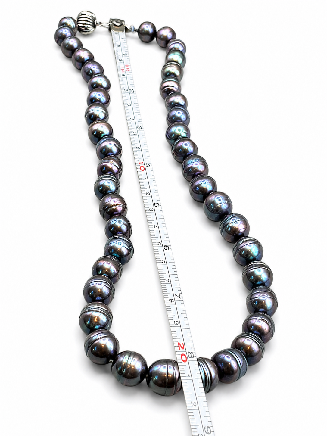 Vintage Dark Peacock Pearl Necklace 20" Purple Black Round Beads Silver Tone Clasp