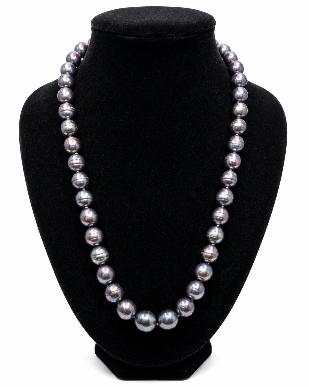 Vintage Dark Peacock Pearl Necklace 20" Purple Black Round Beads Silver Tone Clasp