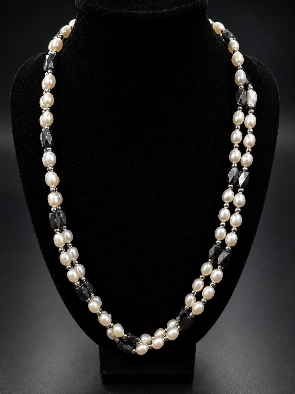Long Convertible Pearl & Black Bead Magnetic Necklace Bracelet Multi Strand