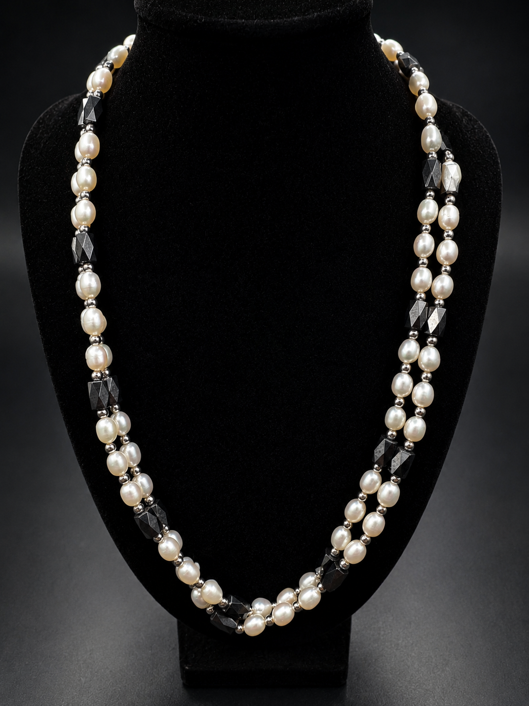 Long Convertible Pearl & Black Bead Magnetic Necklace Bracelet Multi Strand