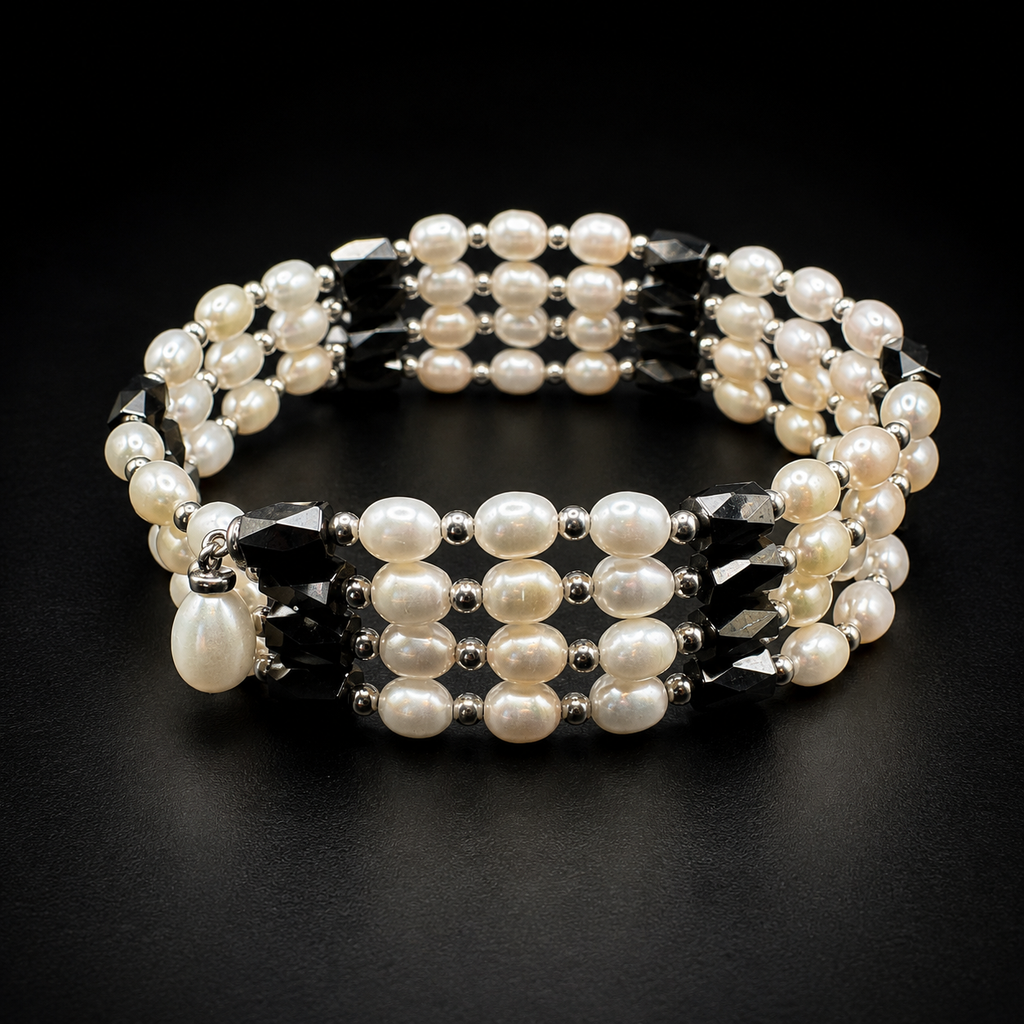 Long Convertible Pearl & Black Bead Magnetic Necklace Bracelet Multi Strand