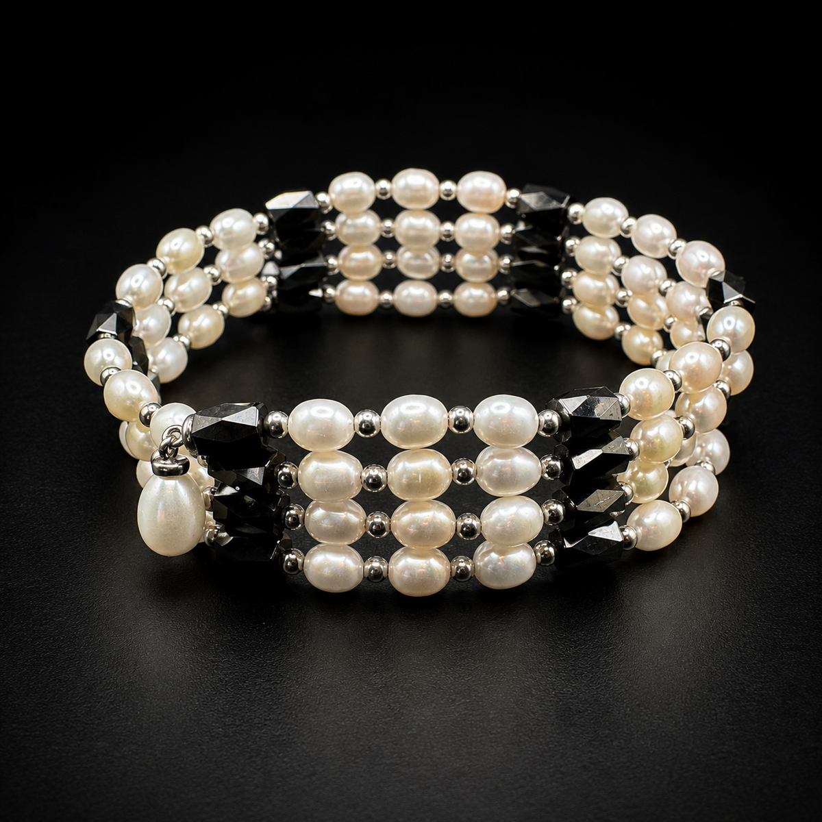 Long Convertible Pearl & Black Bead Magnetic Necklace Bracelet Multi Strand