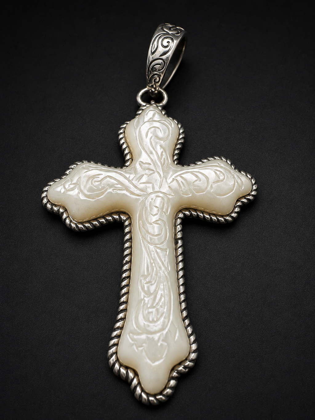 Vintage Carved Mother of Pearl Style Cross Pendant Ornate Silver Tone Bail