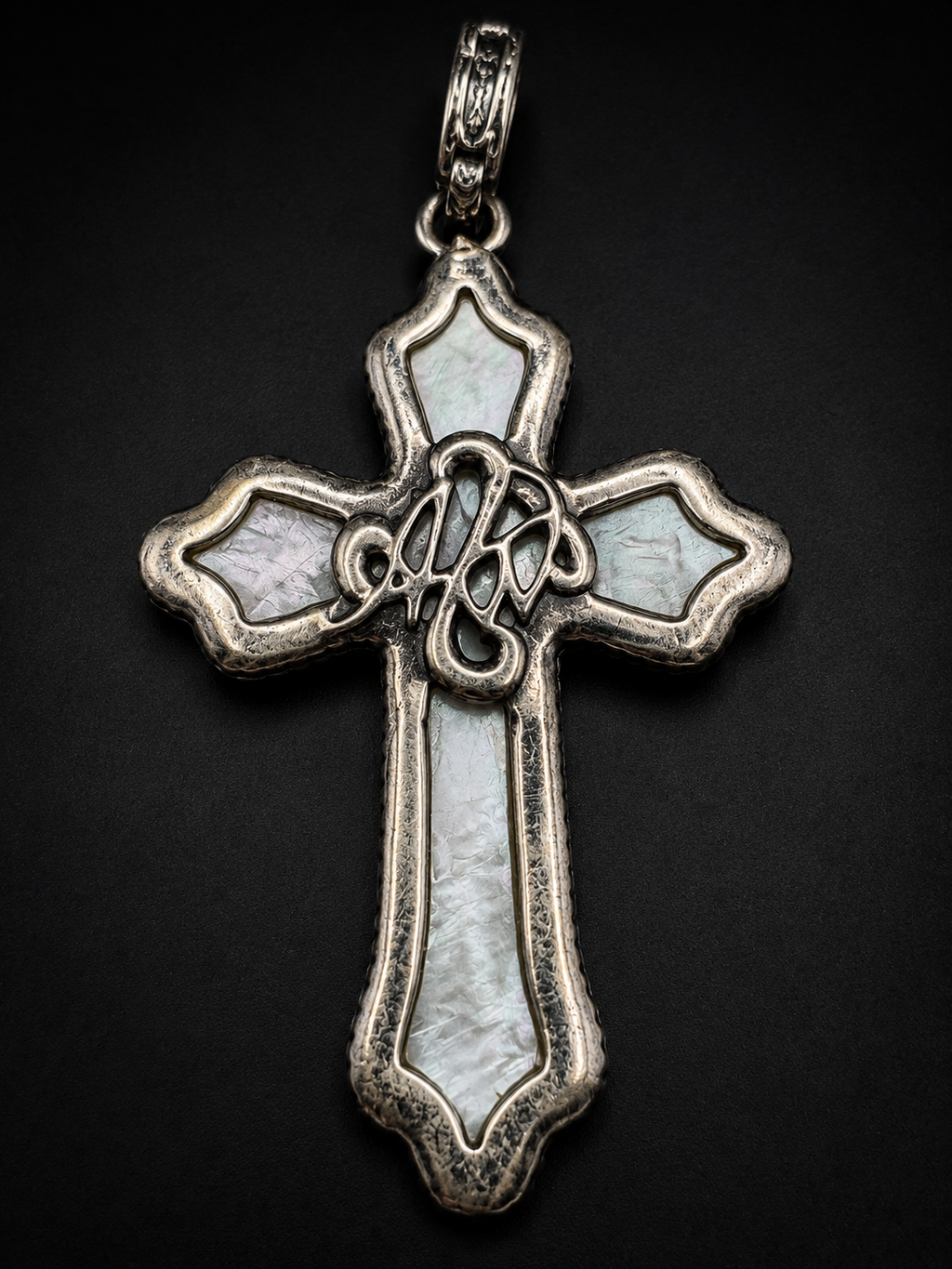 Vintage Carved Mother of Pearl Style Cross Pendant Ornate Silver Tone Bail
