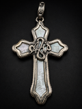 Vintage Carved Mother of Pearl Style Cross Pendant Ornate Silver Tone Bail