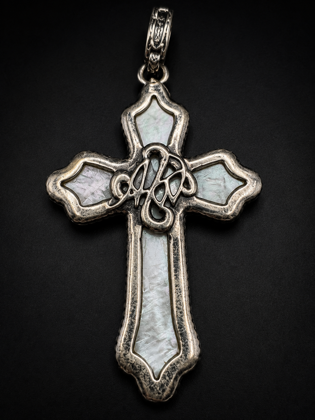 Vintage Carved Mother of Pearl Style Cross Pendant Ornate Silver Tone Bail