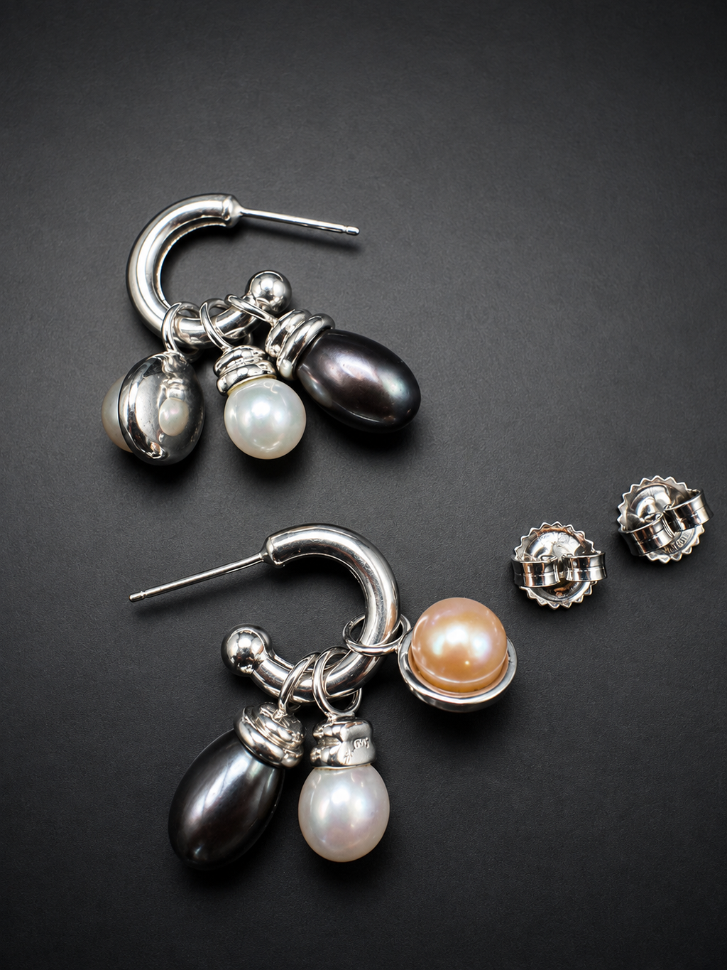 Mixed Pearl Drop Hoop Earrings White Peach Black Silver Tone Dangle
