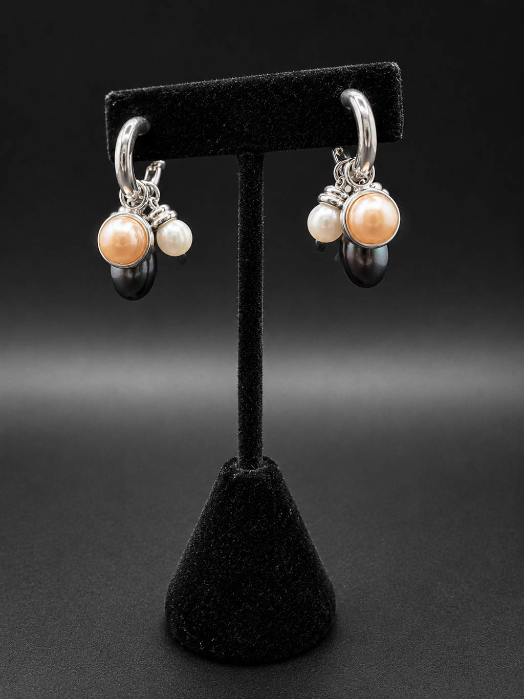 Mixed Pearl Drop Hoop Earrings White Peach Black Silver Tone Dangle