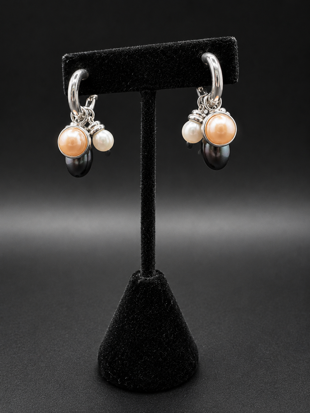 Mixed Pearl Drop Hoop Earrings White Peach Black Silver Tone Dangle