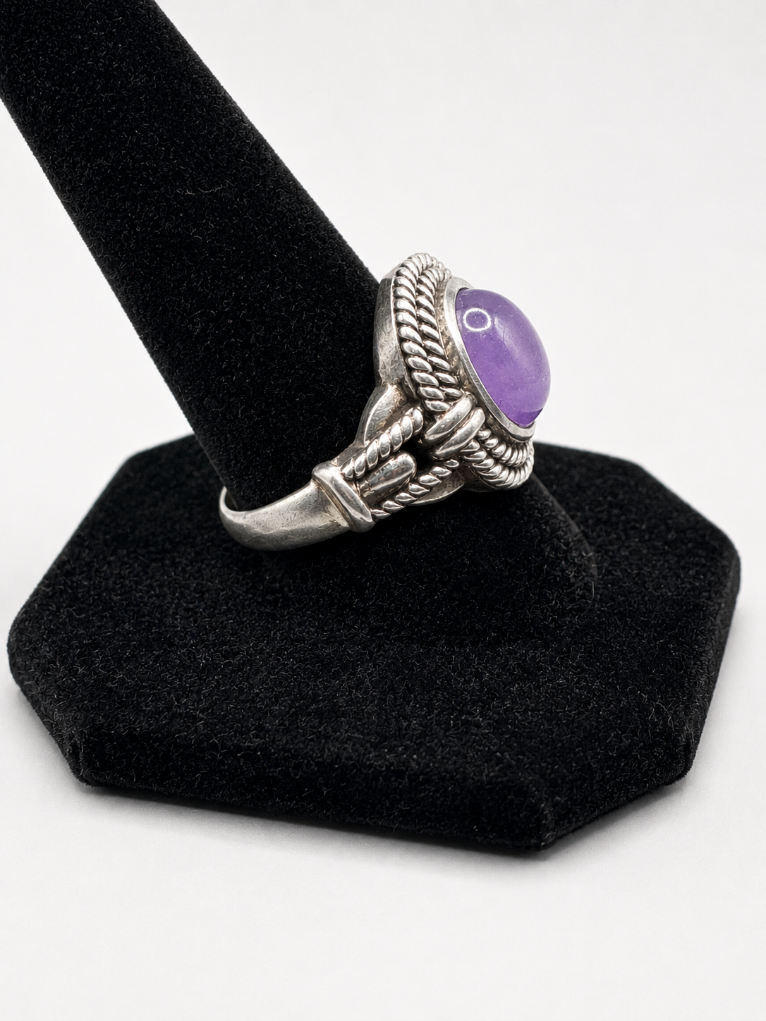 925 Sterling Silver Purple Cabochon Ring Ornate Rope Braided Design Size 8