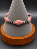 Pink Natural Stone & Black Beaded Bracelet Ornate Silver Tone Toggle Clasp 7.5"