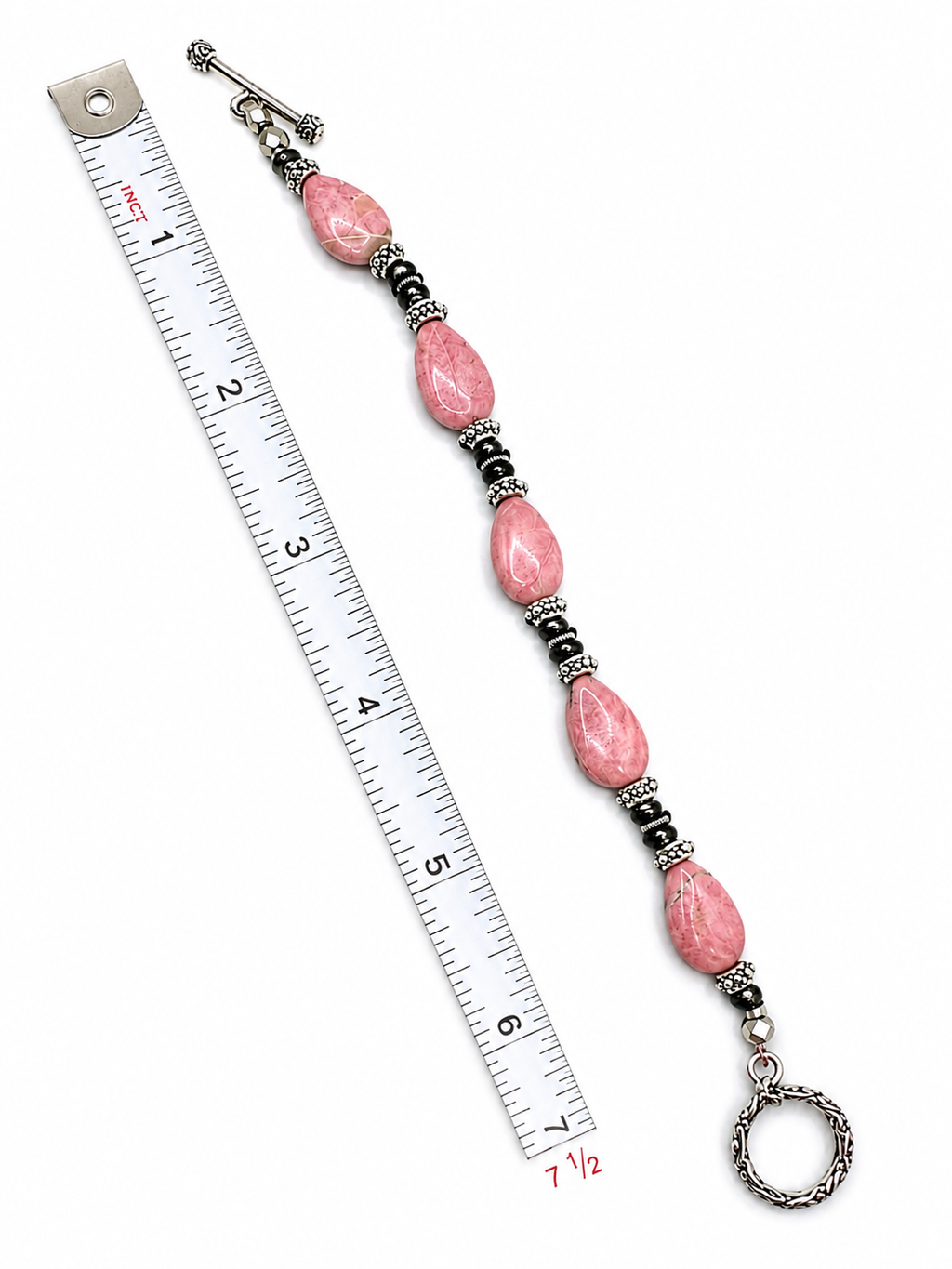 Pink Natural Stone & Black Beaded Bracelet Ornate Silver Tone Toggle Clasp 7.5"