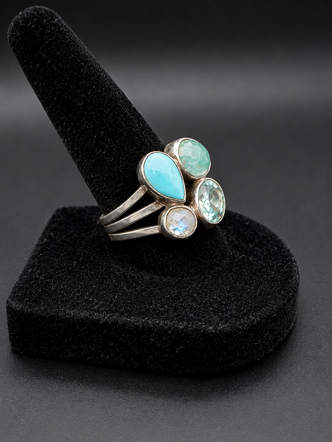 Larimar Moonstone Labradorite Aquamarine Sterling Silver Multi-Stone Ring Size 8