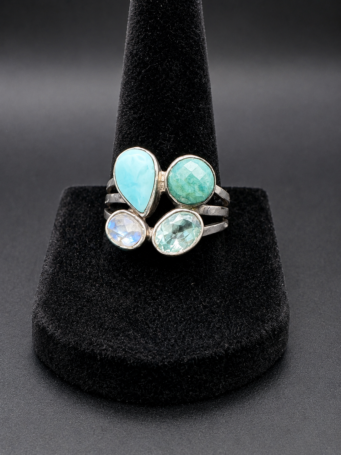 Larimar Moonstone Labradorite Aquamarine Sterling Silver Multi-Stone Ring Size 8
