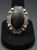 Vintage Sterling Silver Large Black Cabochon Filigree Ring Ornate Scrollwork