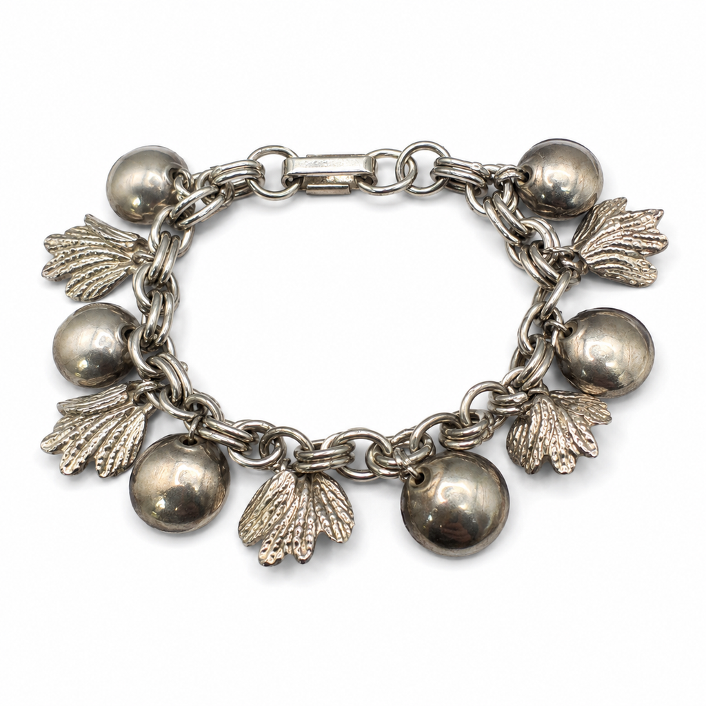 Vintage Silver Tone Charm Bracelet Leaf & Ball Dangle Charms Statement Jewelry
