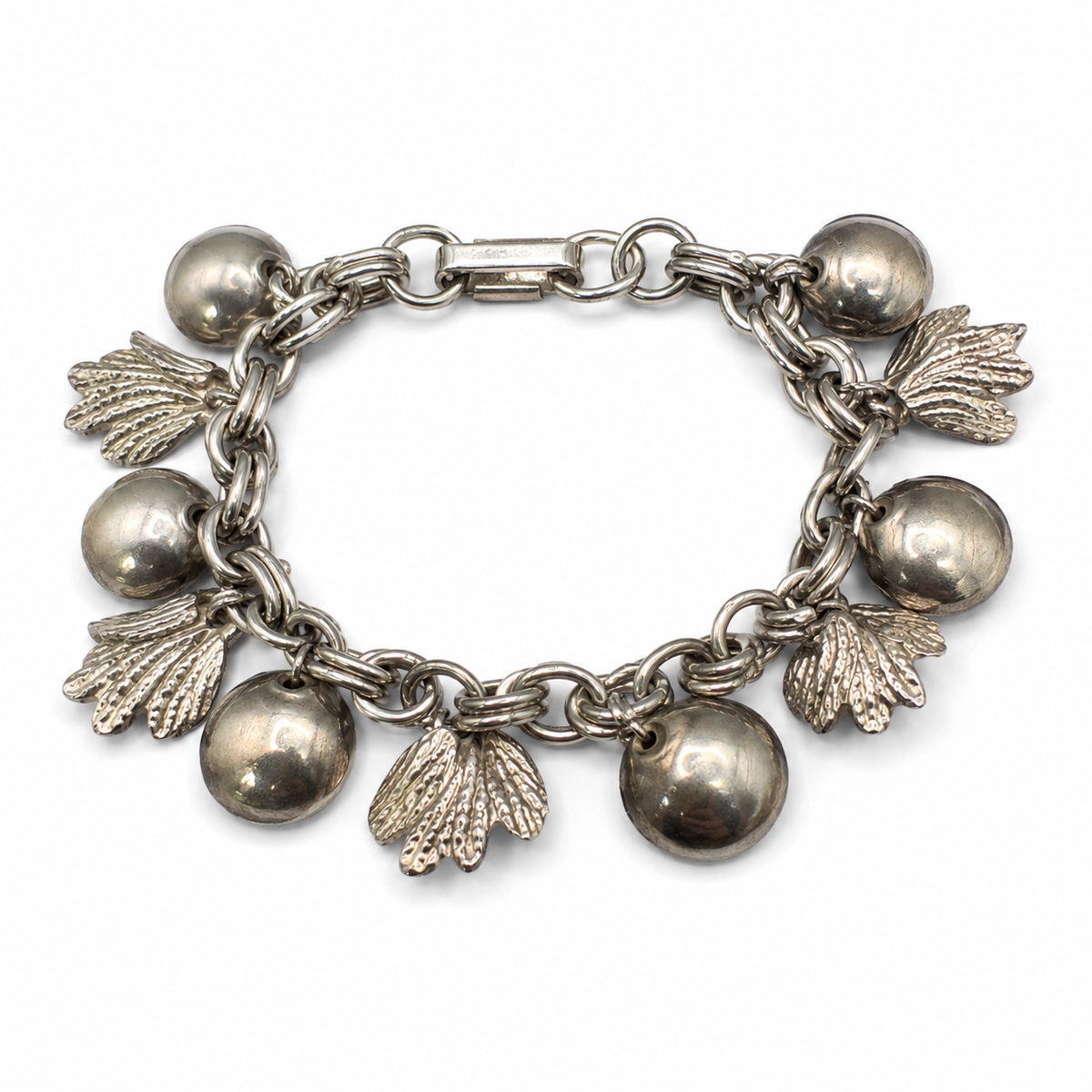 Vintage Silver Tone Charm Bracelet Leaf & Ball Dangle Charms Statement Jewelry