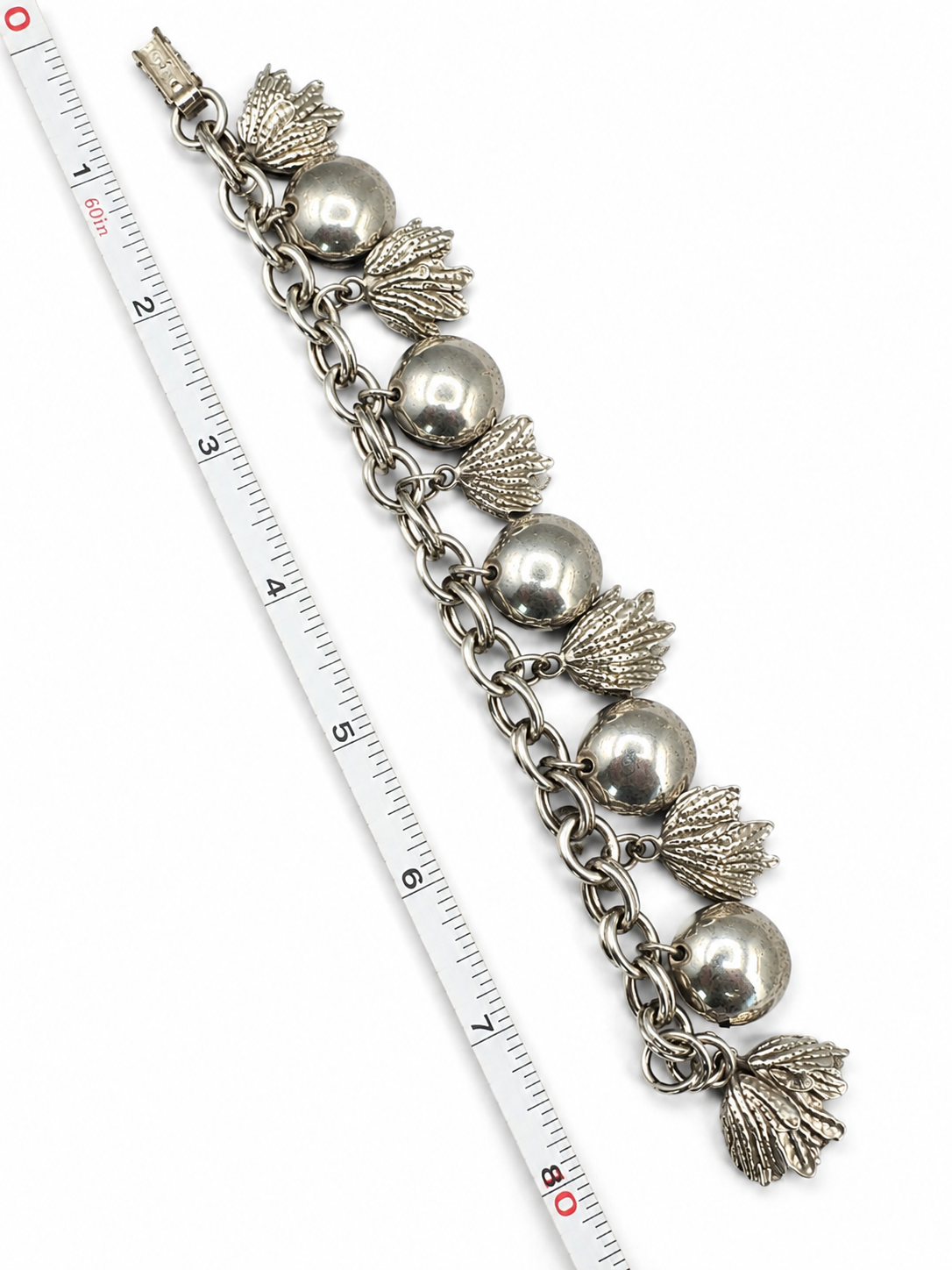 Vintage Silver Tone Charm Bracelet Leaf & Ball Dangle Charms Statement Jewelry