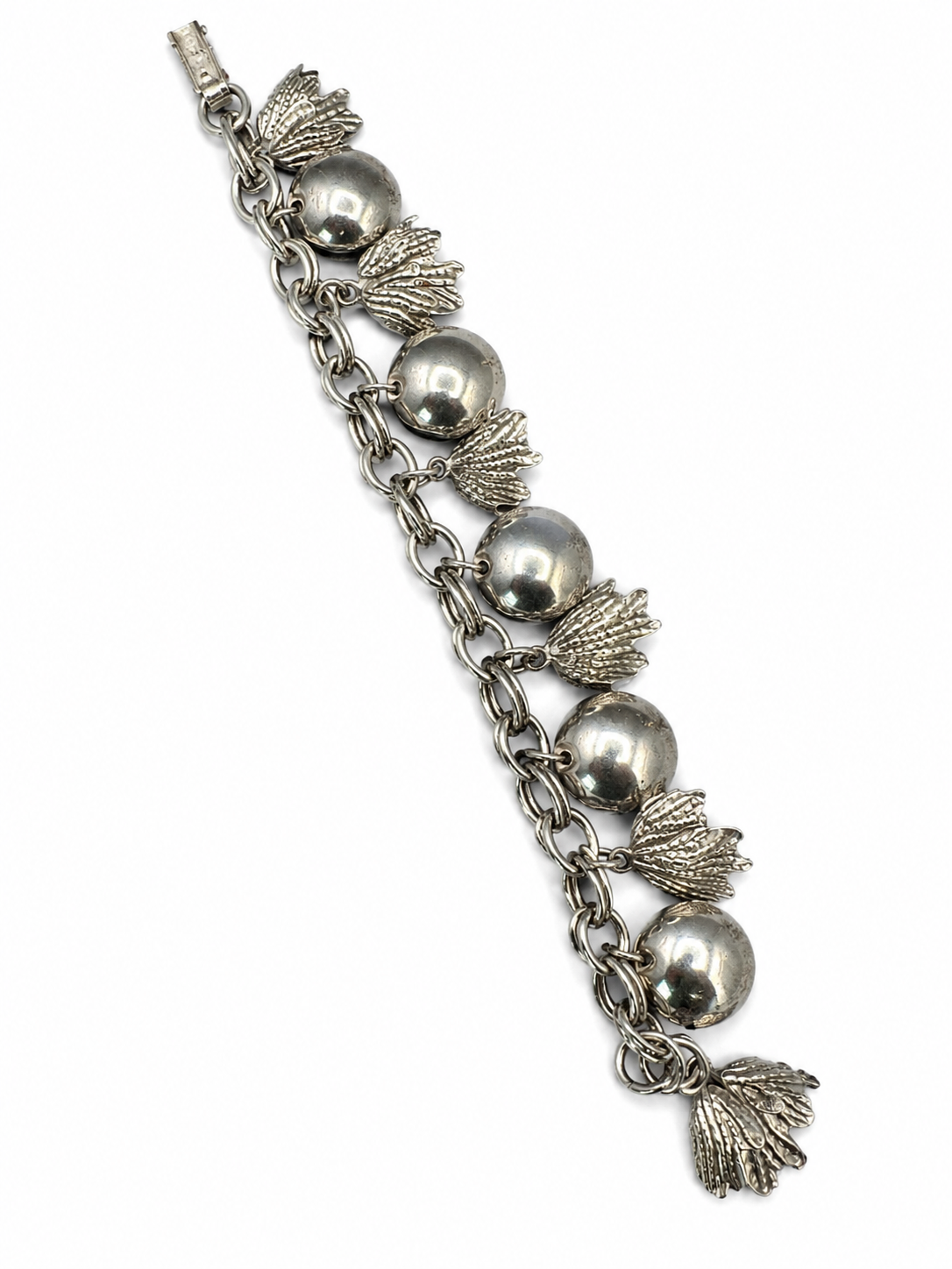 Vintage Silver Tone Charm Bracelet Leaf & Ball Dangle Charms Statement Jewelry