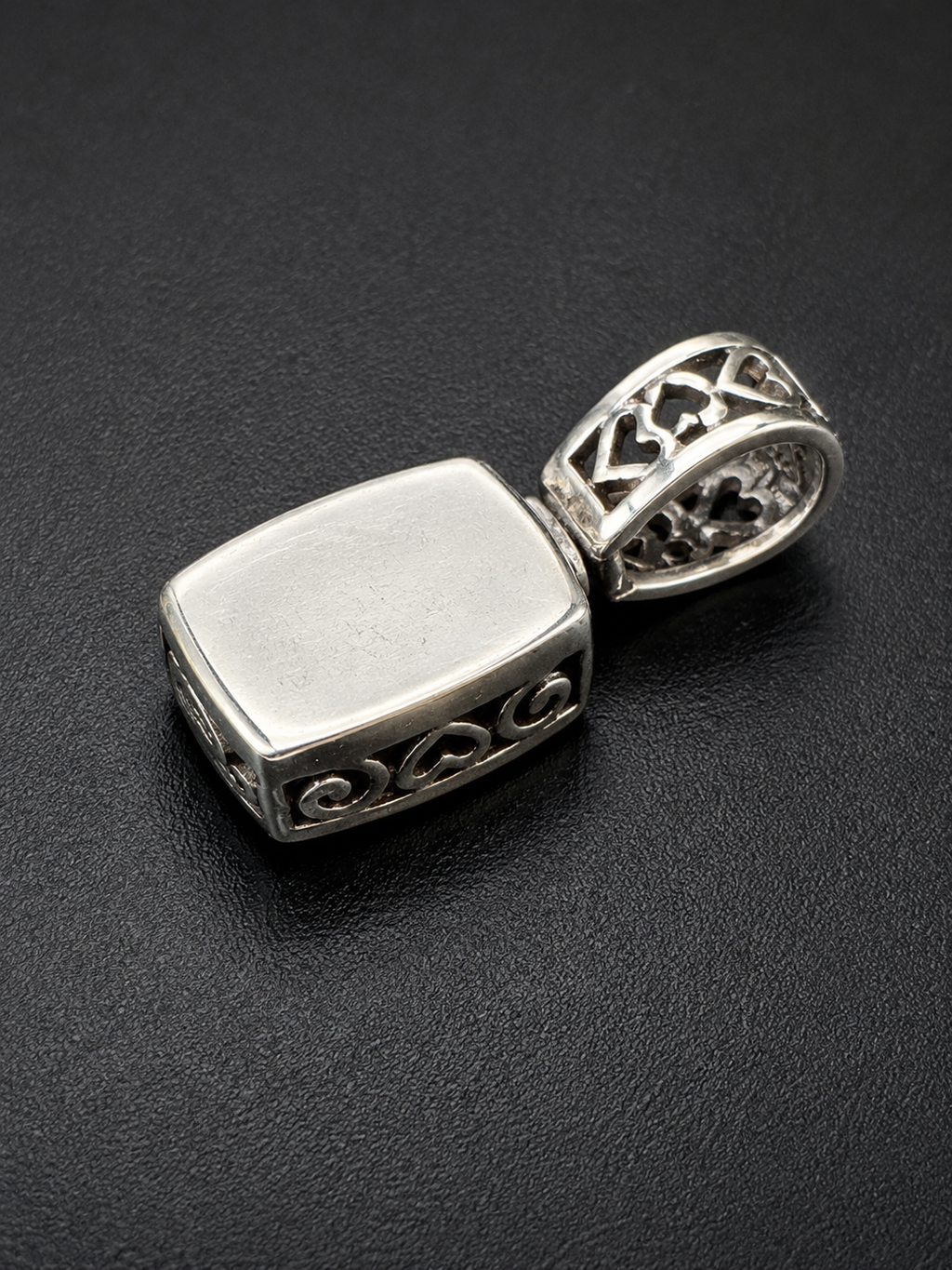 Vintage Silver Tone Floral Scroll Square Pendant w Heart Cutout Bail