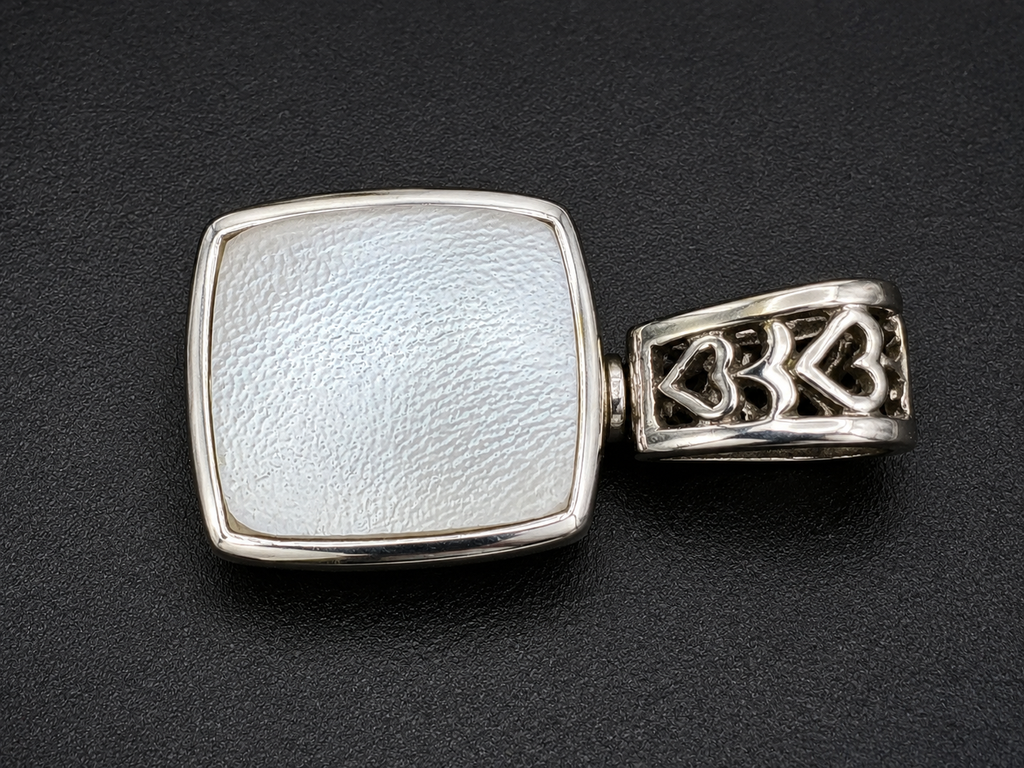 Vintage Silver Tone Floral Scroll Square Pendant w Heart Cutout Bail