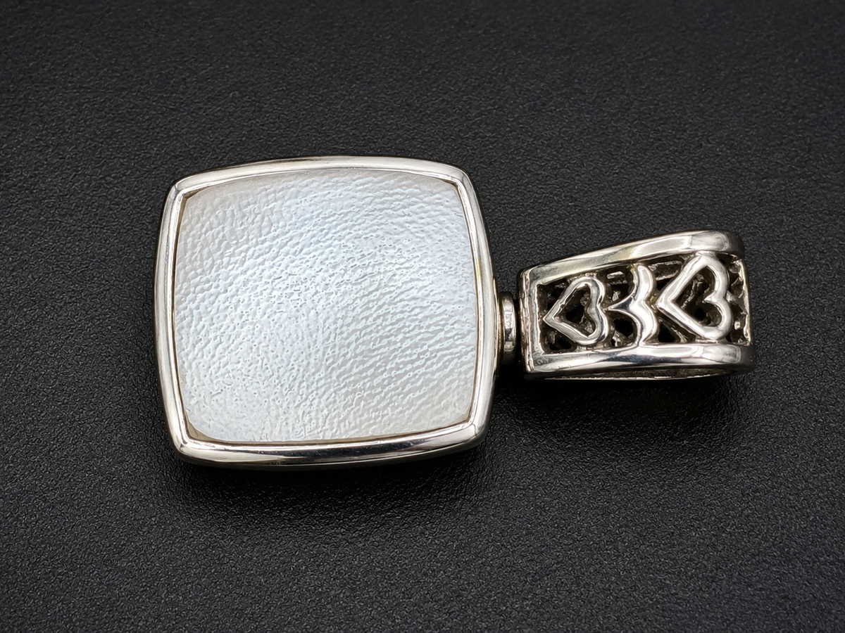 Vintage Silver Tone Floral Scroll Square Pendant w Heart Cutout Bail