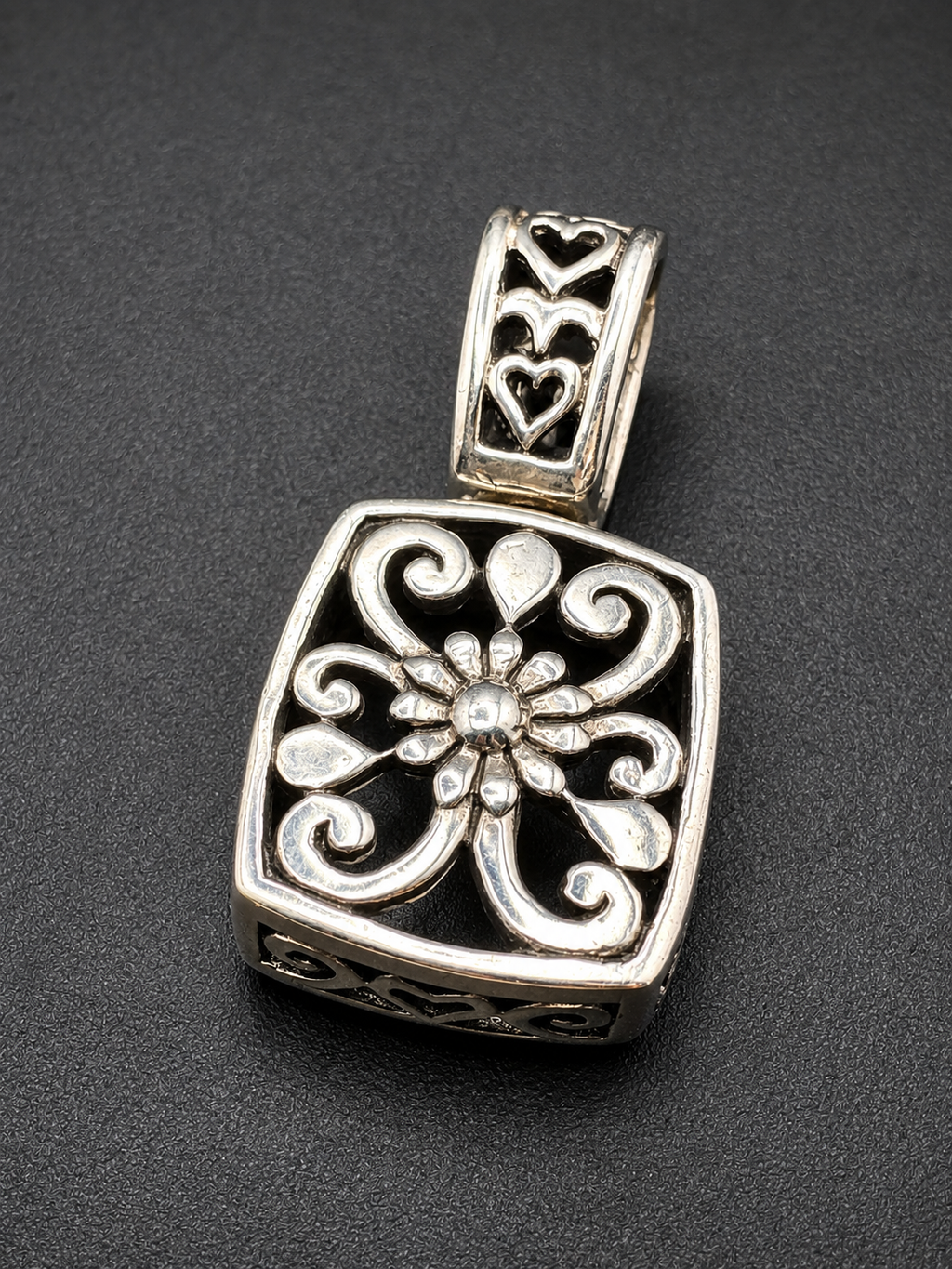 Vintage Silver Tone Floral Scroll Square Pendant w Heart Cutout Bail
