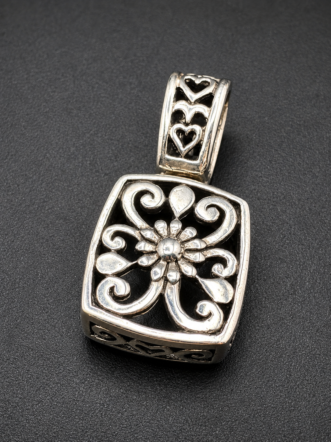 Vintage Silver Tone Floral Scroll Square Pendant w Heart Cutout Bail